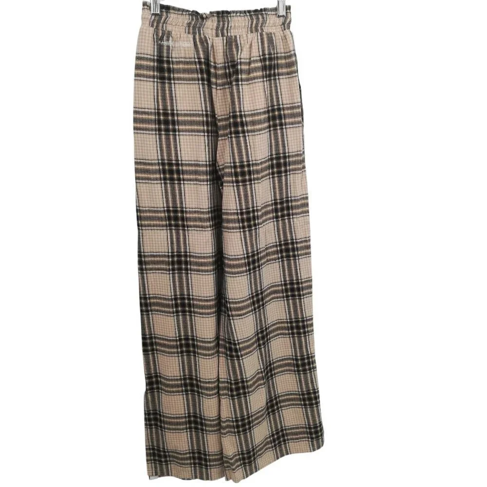 Maniere De Voir Plaid Flannel Wide Leg Pull On Elastic Waist Pants Size 8 Beige